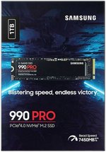 Samsung 990 Pro 1 TB NVMe M.2 Internal SSD, PCIe Gen 4.0 x4, NVMe 2.0 Interface, 7450 MB/s Sequential Read Speed, 6900 MB/s Sequential Write Speed, V-NAND 3-bit MLC | MZ-V9P1T0BW