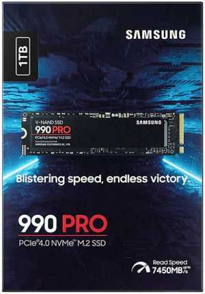 Samsung 990 Pro 1 TB NVMe M.2 Internal SSD, PCIe Gen 4.0 x4, NVMe 2.0 Interface, 7450 MB/s Sequential Read Speed, 6900 MB/s Sequential Write Speed, V-NAND 3-bit MLC | MZ-V9P1T0BW