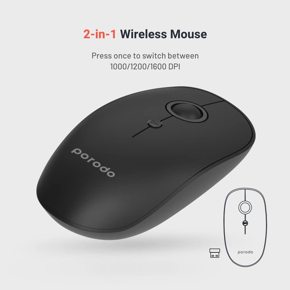  Porodo 2 in 1 Wireless Bluetooth Mouse 2.4GHz V5.0 Rubberized Surface, 3 Adjustable DPI Levels 1000 DPI, 1200 DPI, 1600 DPI, Smart Battery Life, Compatible..