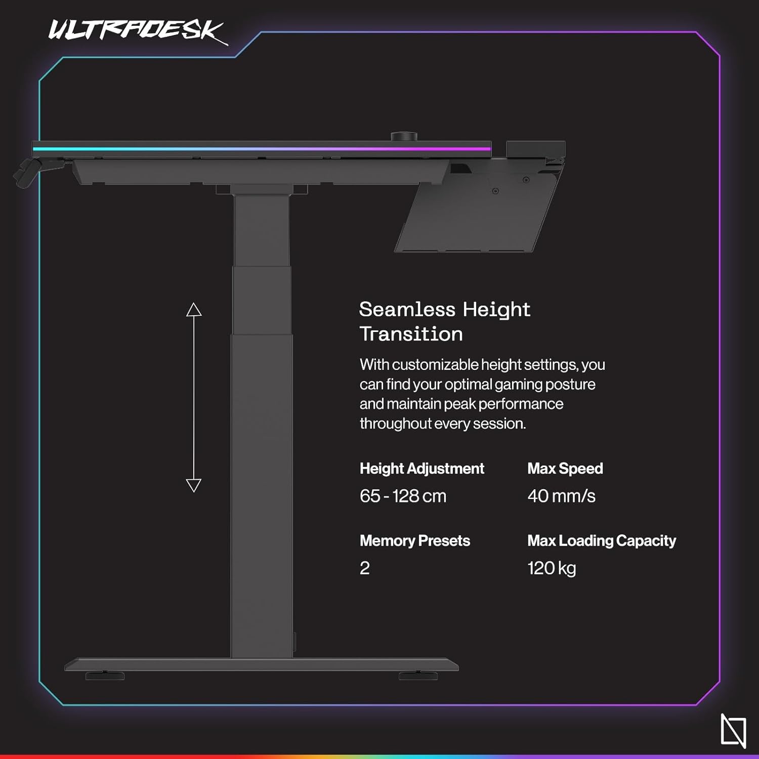 Navodesk APEX ULTRADESK, Electric Standing Desk with RGB Lighting and Cable Mangement, Premium Computer Gaming Desk (Black, 150 x 81 CM)