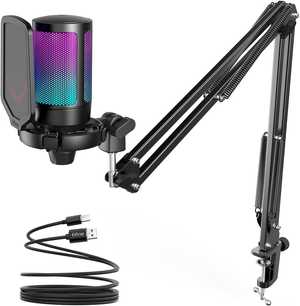  FIFINE Gaming PC USB Microphone, RGB Computer Mic for PS4/5, Podcast Condenser Mic with Boom Arm, Pop Filter, Mute Button for Streaming, Twitch, Online Chat...