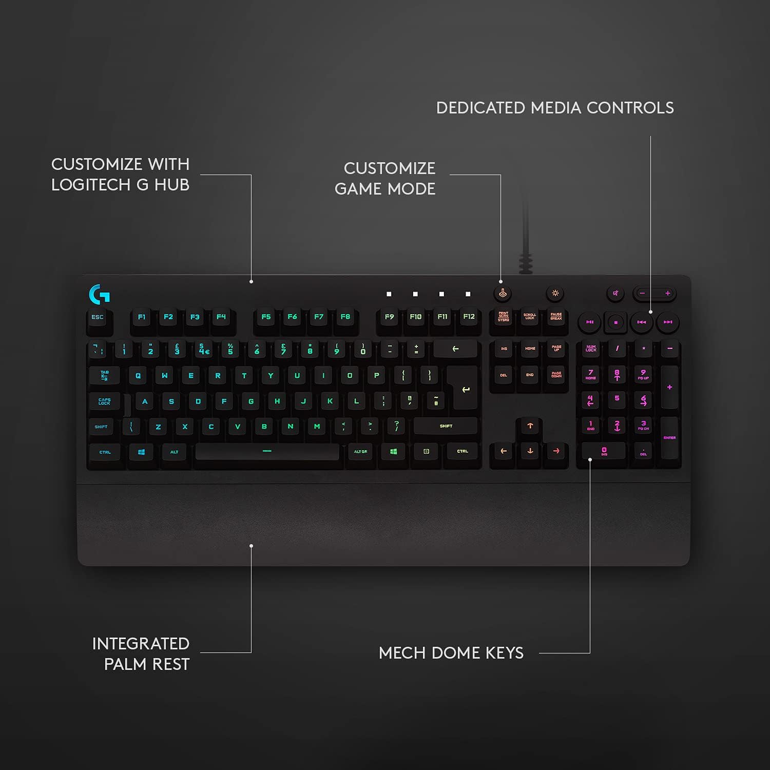 Logitech G G213 Prodigy Gaming Keyboard, RGB Lightsync Backlit Keys, Spill-Resistant, Customizable Keys, Dedicated Multi-Media Keys, Qwerty Us International