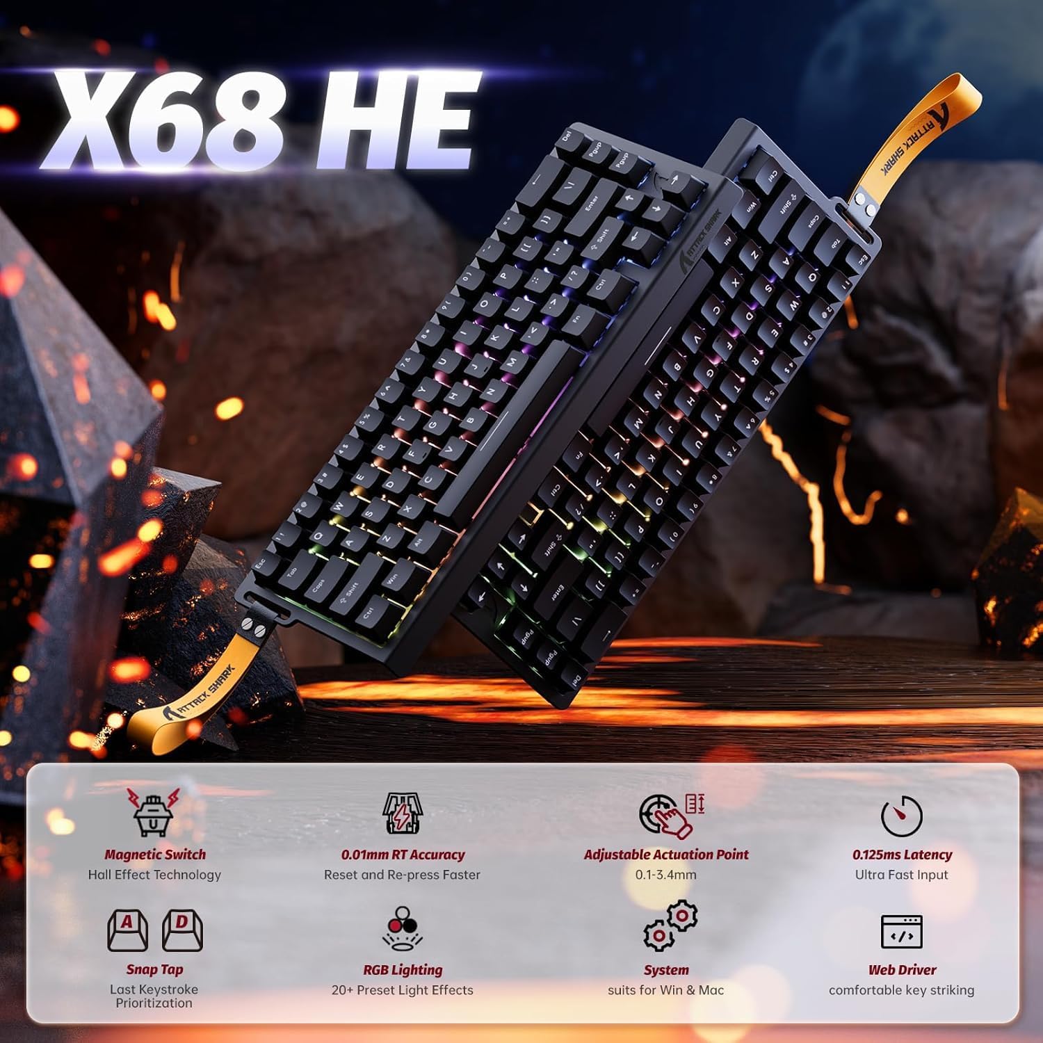  ATTACK SHARK X68 HE Rapid Trigger Mechanical Gaming Keyboard 60% Wired TKL with Adjustable Actuation,Hall Effect Magnetic Switch,8KHz Polling Rate,RGB...