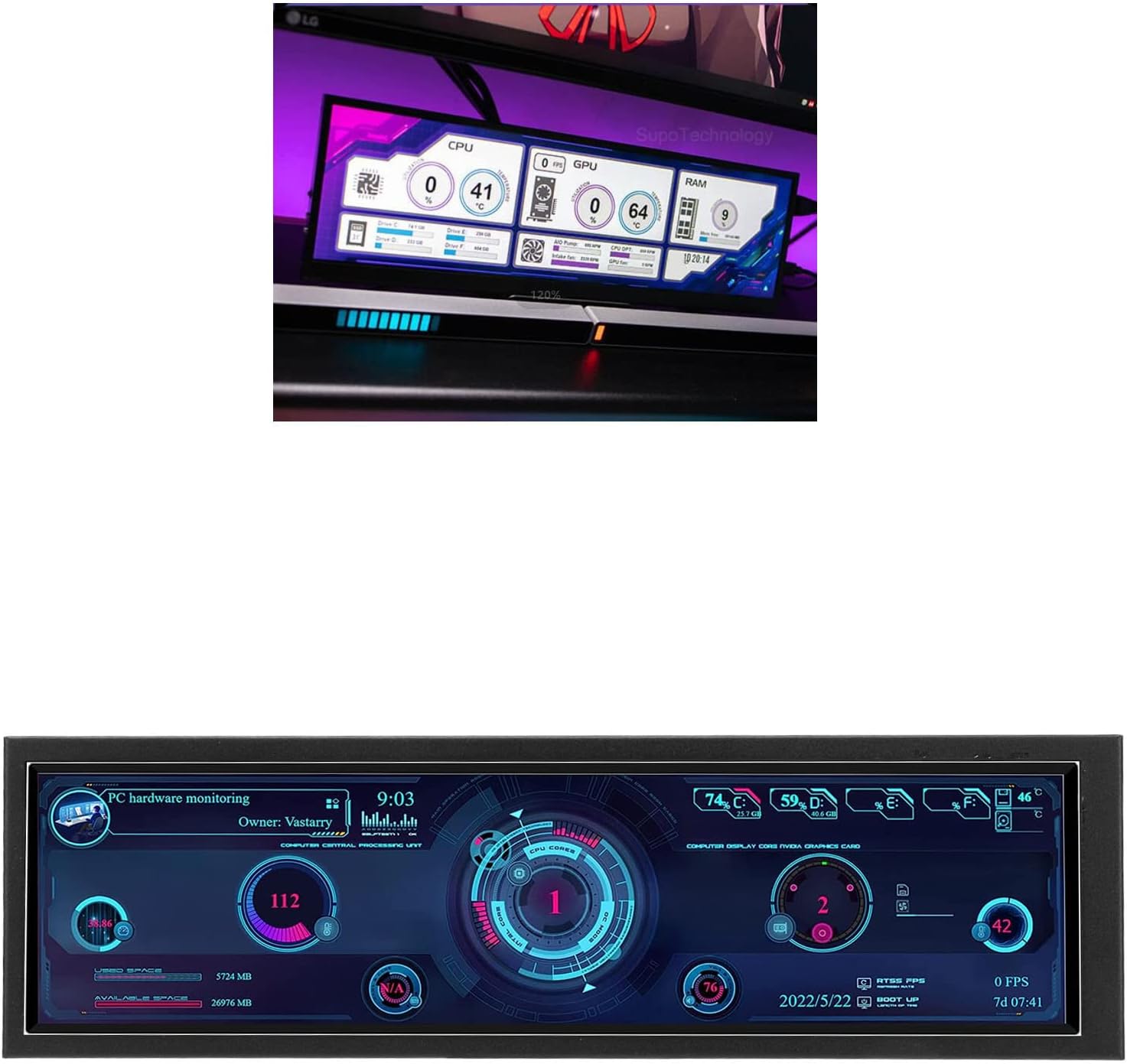 Bewinner 8.8 Inch IPS USB Mini Screen, 1920x480 IPS LCD Screen Temperature Monitor for Aida64 PC CPU Monitor GPU Fan Speed Computer Temperature Memory Sub Display Cars LiveDash DIY Kits