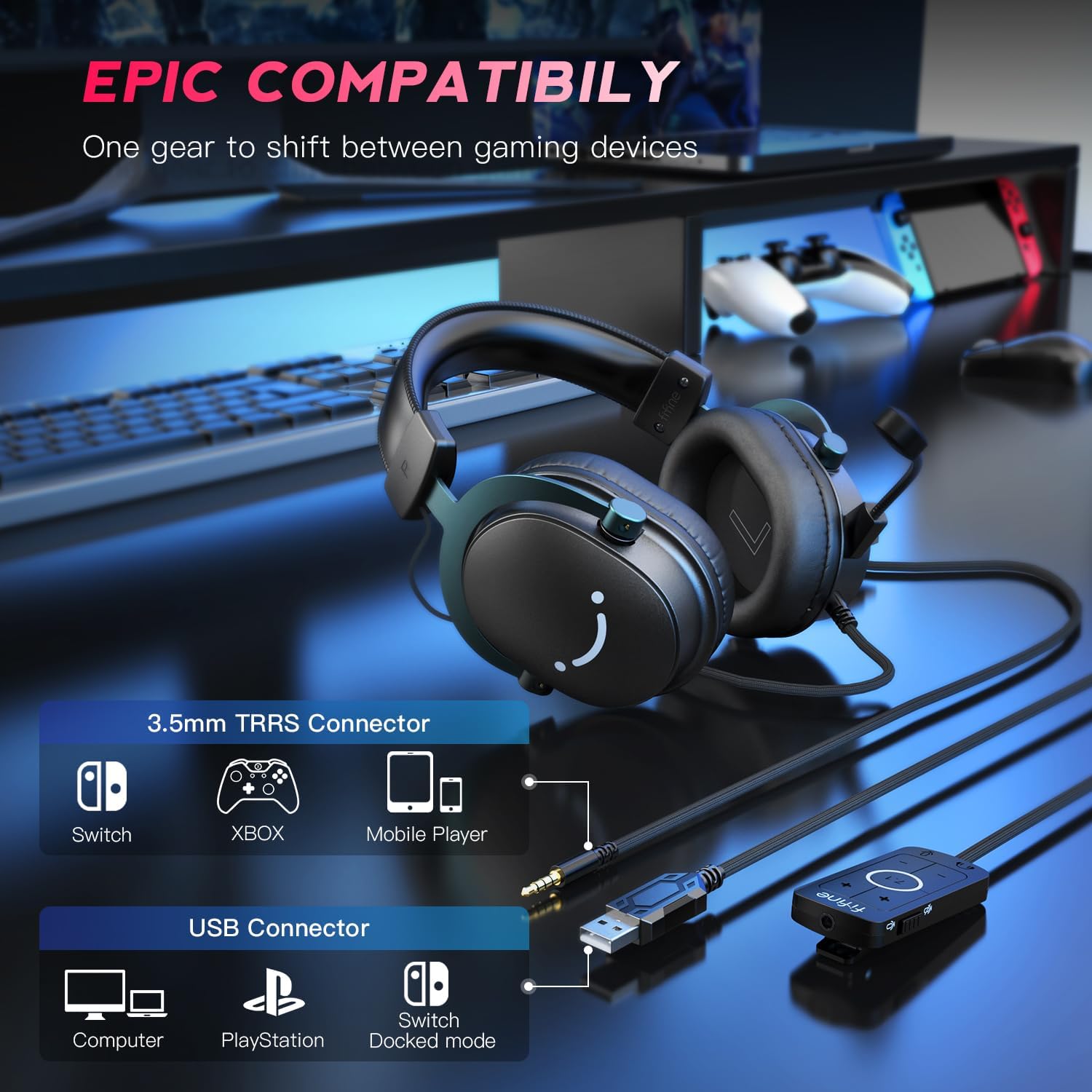  FIFINE Gaming Headset for PC, USB Headset with 7.1 Surround Sound, Detachable Microphone, Control Box, 3.5mm Headphones Jack, Gamer Over-Ear Wired Headset...