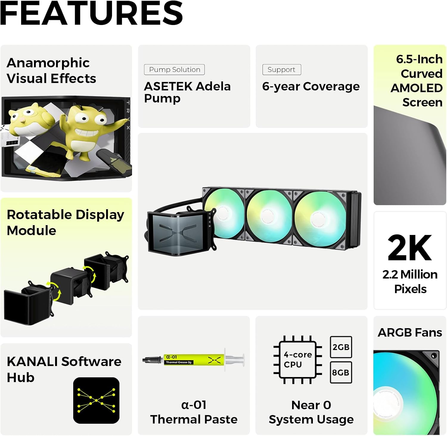 TRYX Panorama SE 360 ARGB 360mm AIO Rotatable 6.5'' AMOLED Curved Screen 3D Anamorphic Effect Customizable AIO Cooler 360mm Asetek Adela 280w TDP...