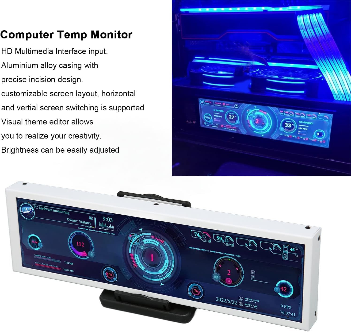  8.8Inch Display Computer Temp Monitor, CPU Hardware External Expansion Display High Resolution Screen Data Monitor for Computer Case PC, PC Sensor Panel...