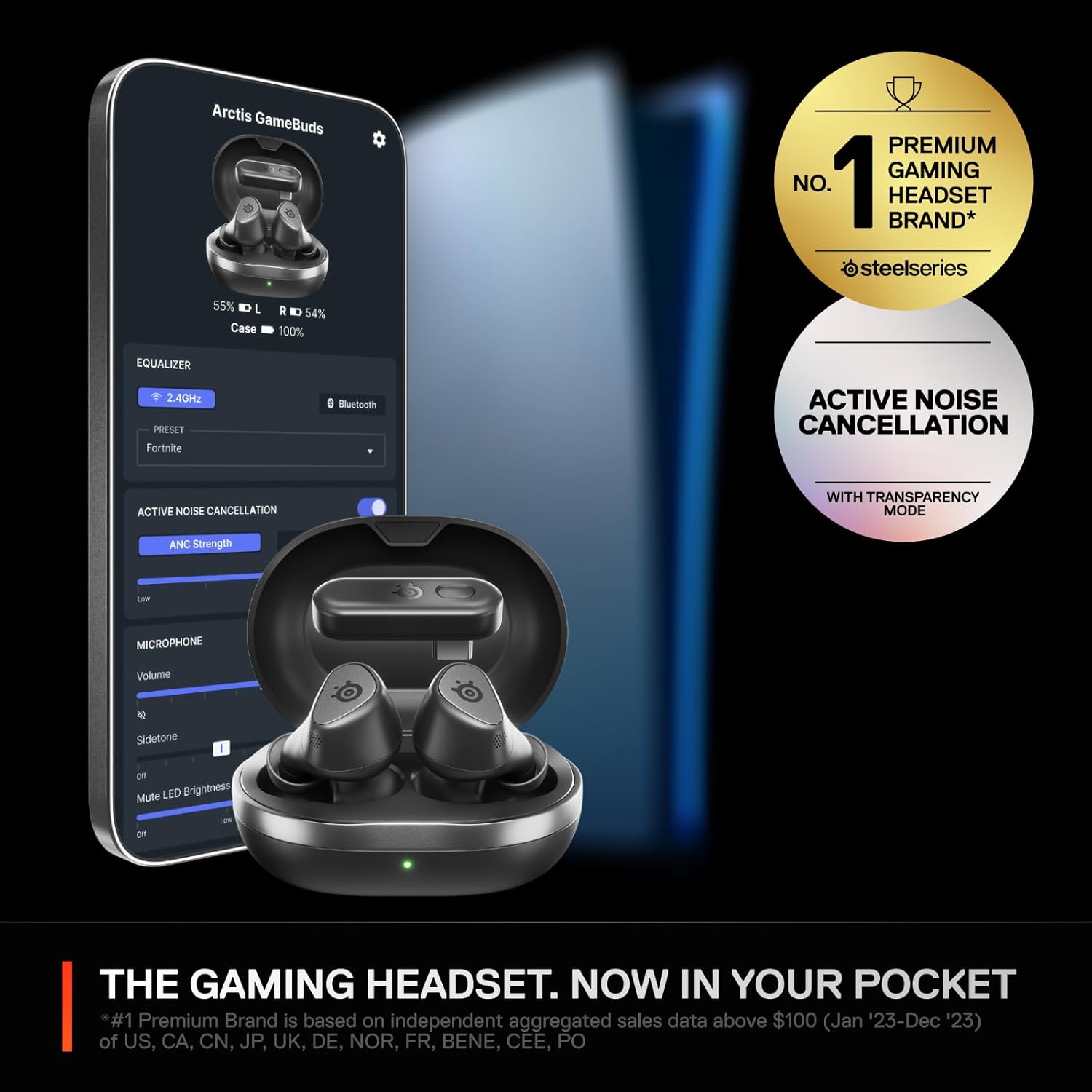 SteelSeries 61680 Wireless Gaming Earphones, Arctis GameBuds ANC Noise Cancelling for PC/PS 5/4/Switch/Smartphones, IP55 Dustproof and Waterproof, Bluetooth.