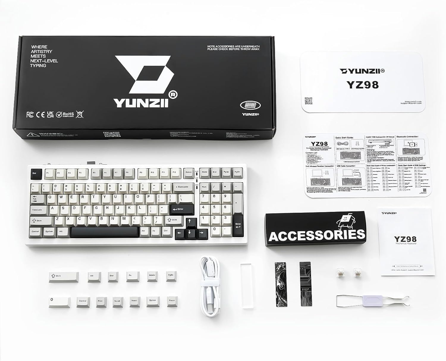 YUNZII YZ98 Gasket Mechanical Keyboard 99 Key Hot Swappable BT5.0/2.4G/USB-C Wireless Gaming Keyboard NKRO 98% 1800 Layout with RGB LED Backlit for...