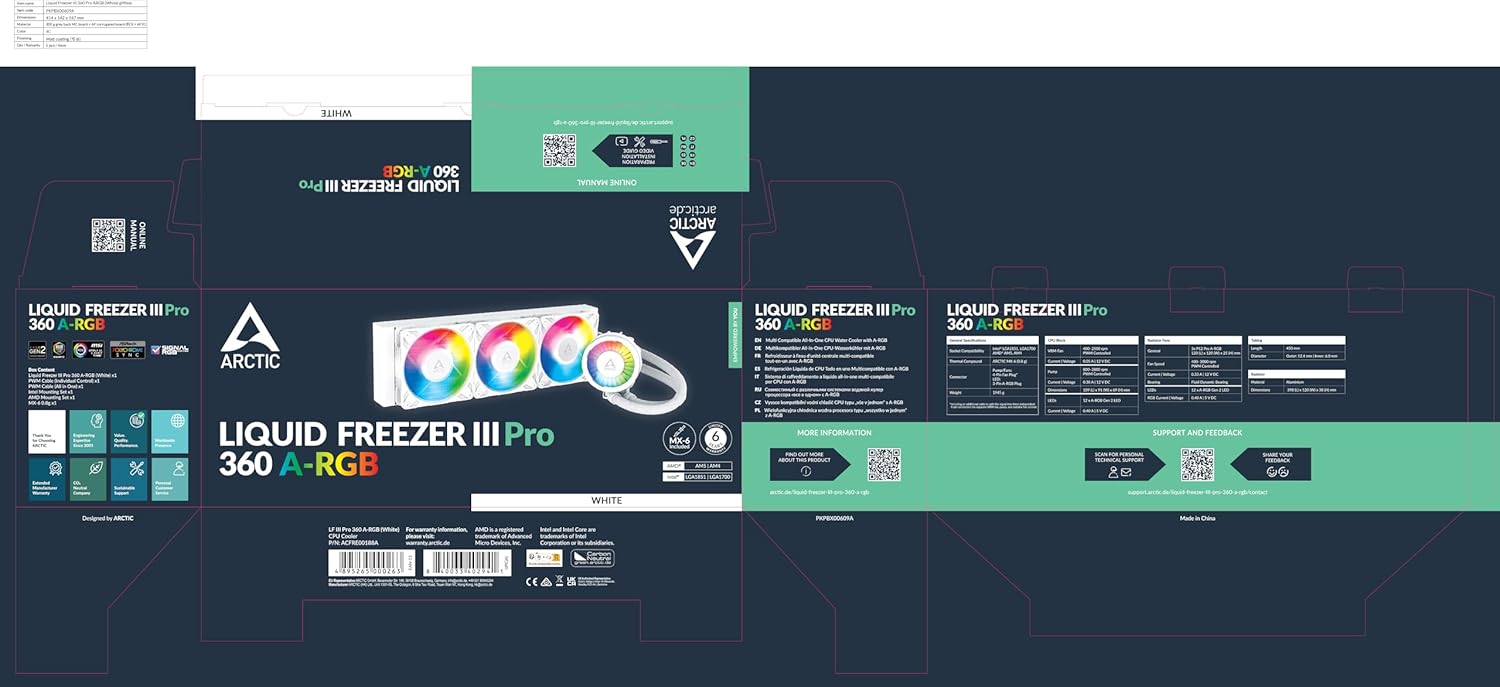 ARCTIC Liquid Freezer III Pro 360 A-RGB (White) - AIO CPU Cooler, 3 x 120 mm Water Cooling, 38 mm Radiator, PWM Pump, VRM Fan, AMD AM5/AM4, Intel...
