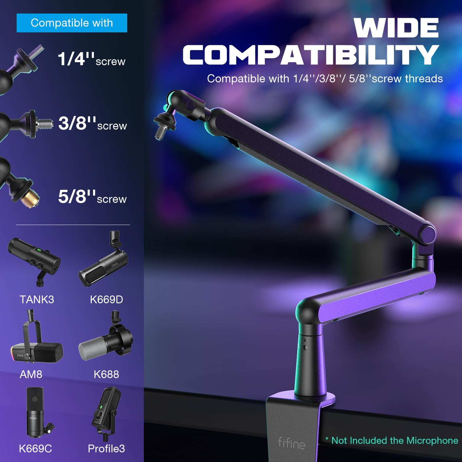  FIFINE Boom Arm Mic Stand, Low Profile Microphone Arm Stand, Podcast Mic Boom Arm with Desk Mount, Cable Channels Management, Metal Boom Arm White for...