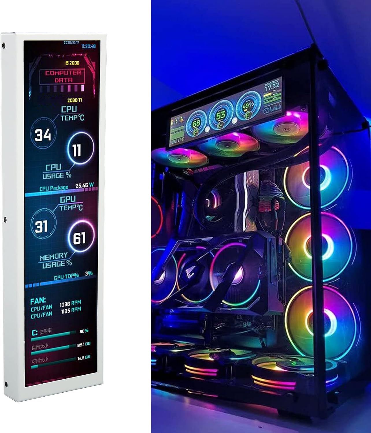  8.8Inch Display Computer Temp Monitor, CPU Hardware External Expansion Display High Resolution Screen Data Monitor for Computer Case PC, PC Sensor Panel...