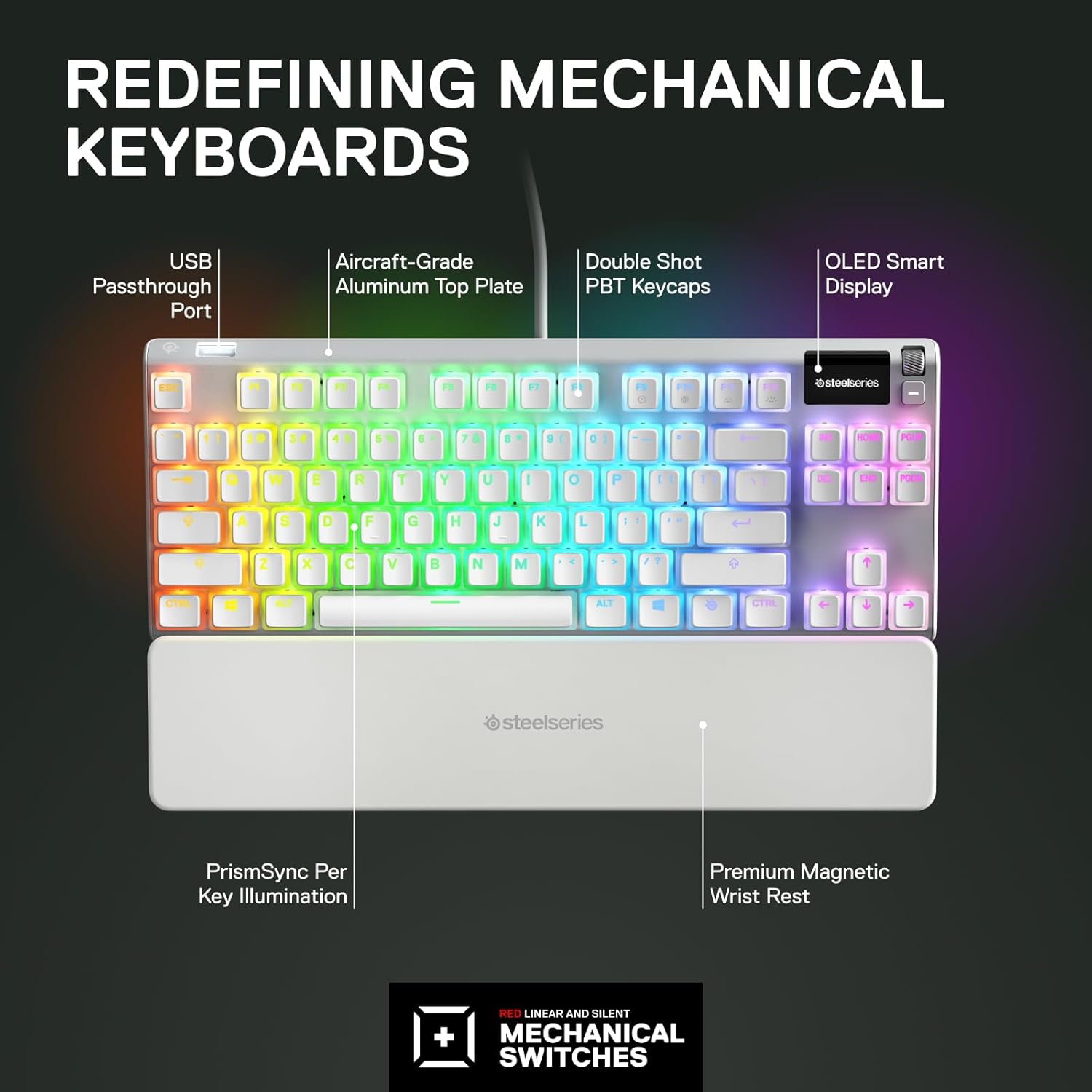  SteelSeries Apex 7 TKL Ghost - Mechanical Gaming Keyboard - OLED Smart Display - Linear & Quiet - Doubleshot PBT Pudding Keycaps - American QWERTY Layout