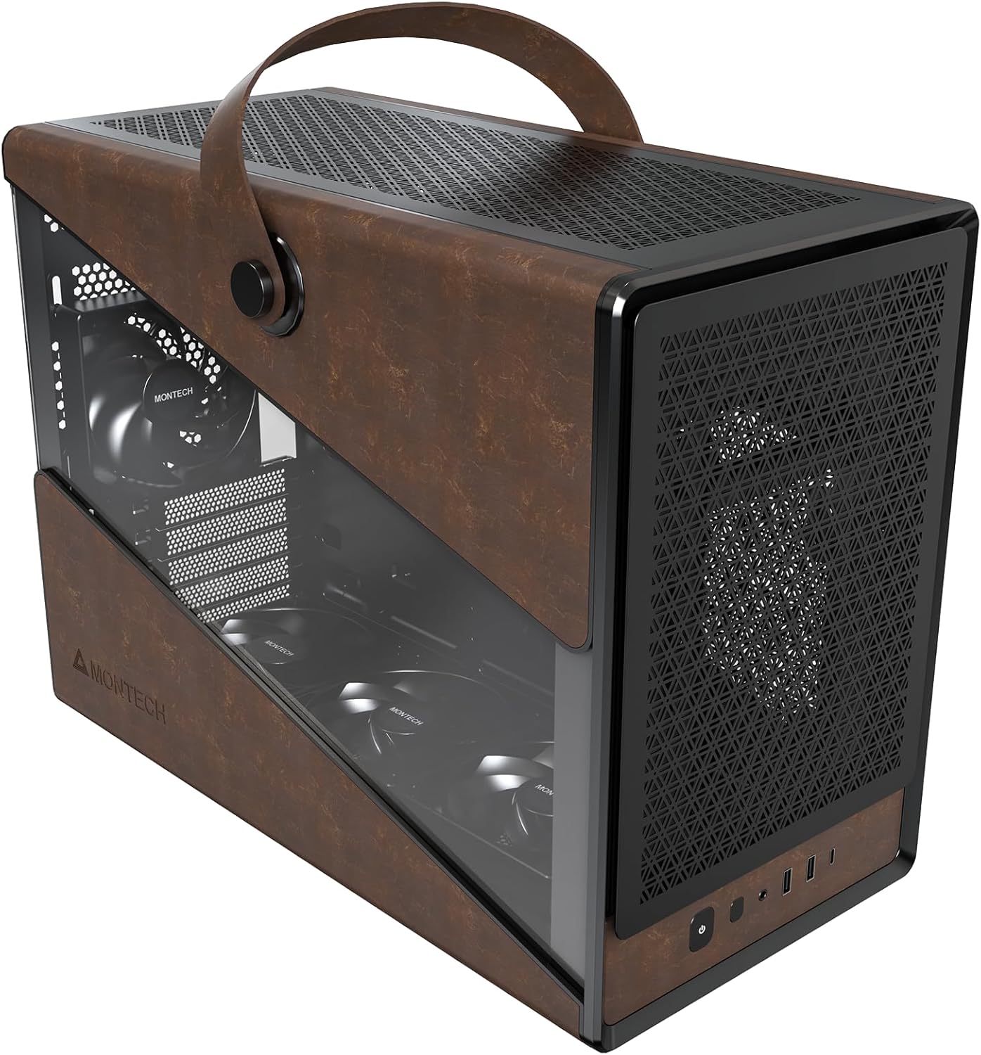 MONTECH Heritage PRO mATX, Compact Leather Gaming Chassis with Signature Handle Design, Supports RTX 50 Series GPUs, ATX PSU, and 360mm AIO, 4 Pre-Installed Fans, Headphone Hanger - Black (PRO)