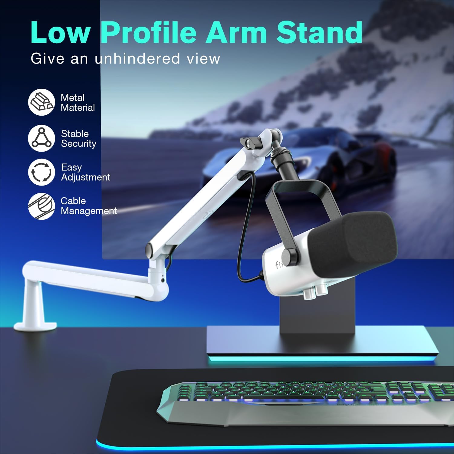  FIFINE Boom Arm Mic Stand, Low Profile Microphone Arm Stand, Podcast Mic Boom Arm with Desk Mount, Cable Channels Management, Metal Boom Arm White for...