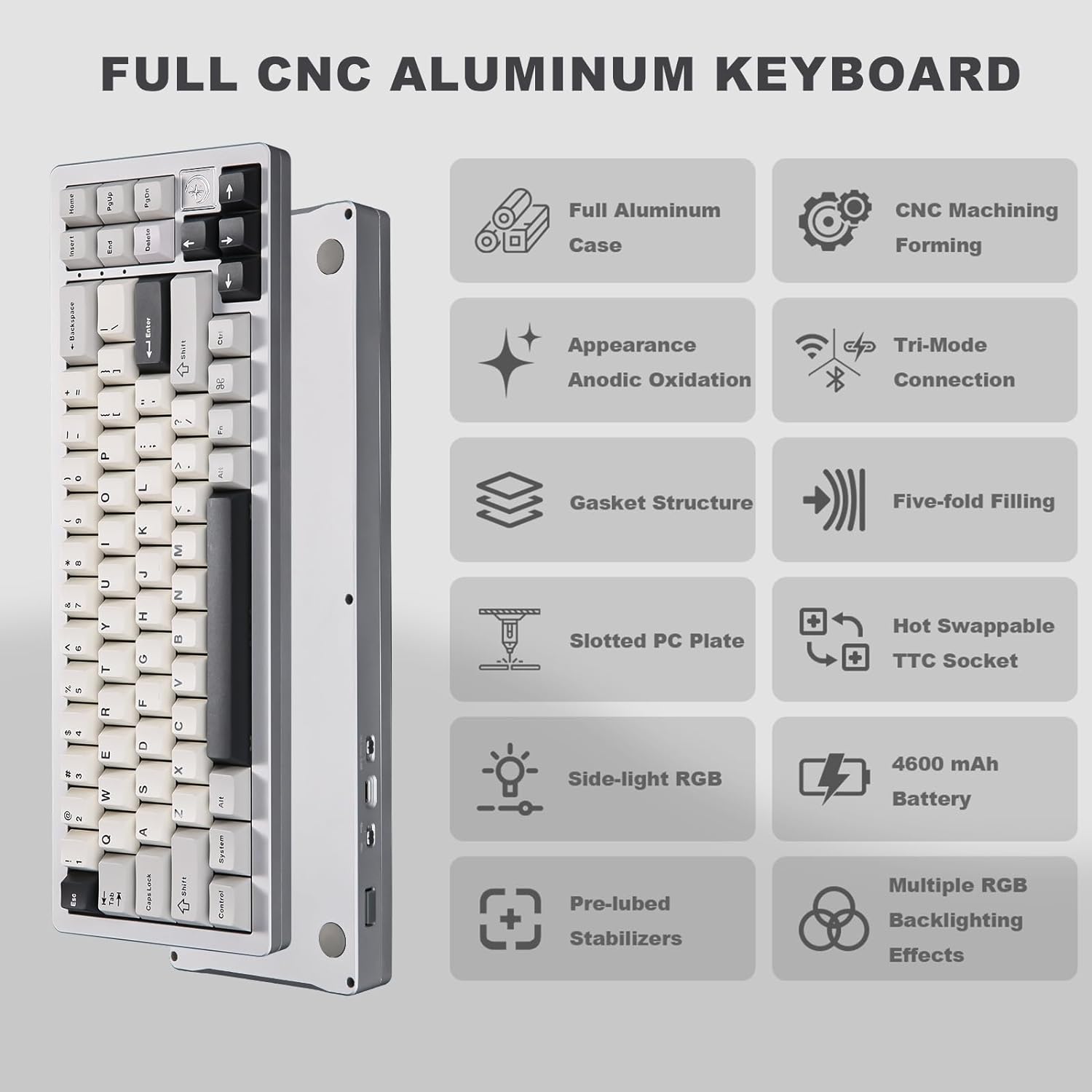  YUNZII AL71 68% Mechanical Keyboard, Full Aluminum CNC, Hot Swappable Gasket, 2.4GHz Wireless BT5.0/USB-C Wired Gaming Keyboard,NKRO Programmable RGB...