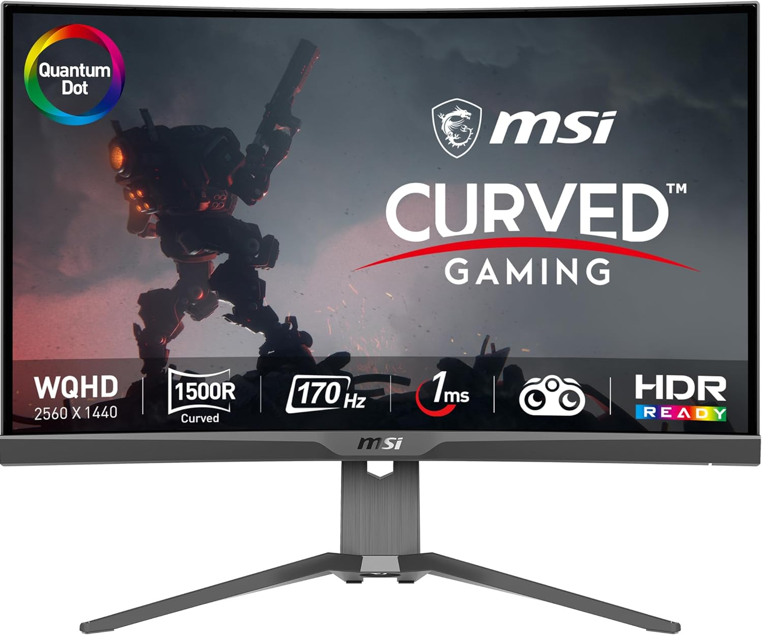 MSI MAG275CQRF QD, 27" Gaming Monitor, 2560 x 1440 (QHD) Rapid VA with Quantum Dot, 1 ms, 170Hz, FreeSync Premium, HDR Ready, 1000R, HDMI, DisplayPort