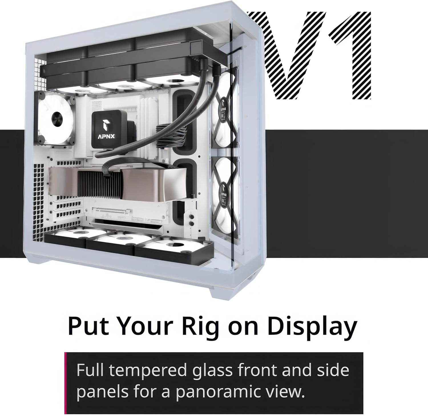  APNX V1 Dual-Chamber ATX Mid-Tower Airflow PC Case, Panoramic Glass Panels, 10 Fan Slots, 360mm Radiator Support, Angular Intake 16cmx2 Fan Bracket, GPU