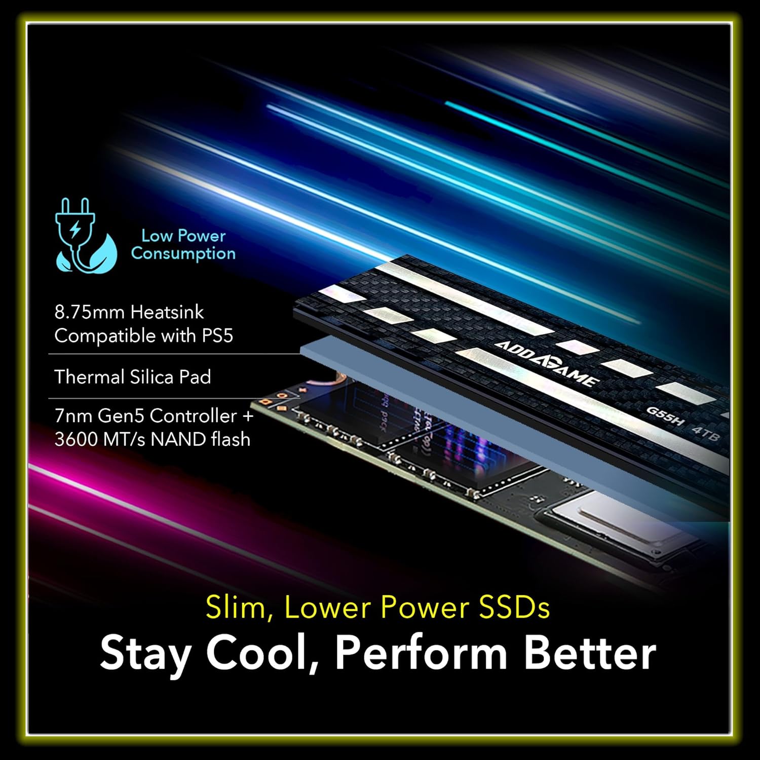 Addlink G55H 2TB PCIe Gen5 NVMe M.2 SSD with Heatsink - Up to 10,300MB/s - Game Ready - Internal Solid State Drive - Compatible with PCs and PS5 (ad2TBG55HM2P)