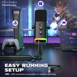 TAM8 AmpliGame XLR/USB Dynamic Microphone With BM88 LOW-PROFILE MICROPHONE ARM STAND for Podcast Recording, PC Computer Gaming with RGB Light, Mute Button, Headphones Jack