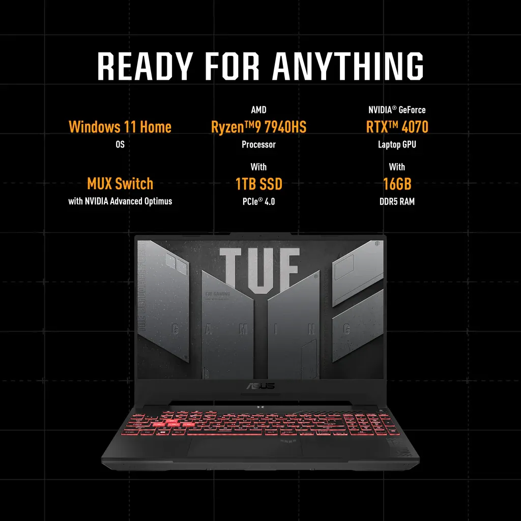 ASUS TUF GAMING A15 FA507XI-LP018W | AMD Ryzen9 7940HS, 16GB RAM, 1TB SSD, 8GB NVIDIA RTX 4070, 15.6"FHD 144Hz, Win11 Home, Eng-Arab K/B, Gray