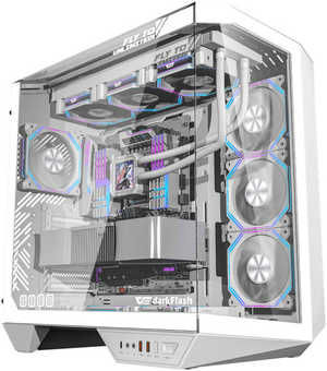 DarkFlash DY470 ATX Computer Case, 7x Pre-Installed aRGB Fans, 360mm Radiators, Up to 10x 120mm Fan Support, Cable Management Panel, 330Â° Immersive Panoramic View, 3 Glass Panels, Ice White | DY470