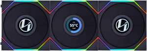 Lian Li Uni Fan TL 120 Reverse Blade Case Fan, 1.6" LCD, 120mm Fan Size, 1900 RPM Fan Speed, 54.3 CFM Airflow, PA66 / PBT Materials, FD Bearing, Triple Pack, W/ Controller, Black | G99.12RTLLCD3B.00