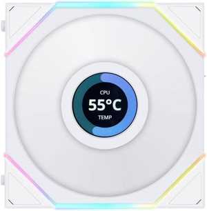 Lian Li Uni Fan TL 120 Reverse Blade Case Fan, 1.6" LCD, 120mm Fan Size, 1900 RPM Fan Speed, 54.3 CFM Airflow, PA66 / PBT Materials, Fluid Dynamic Bearing, Single Pack, White | G99.12RTLLCD1W.00